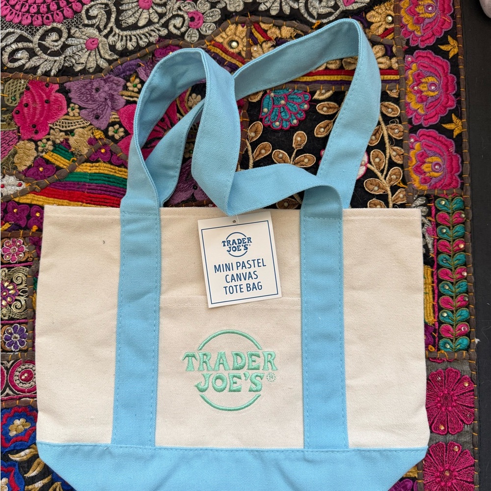 Trader Joe’s blue mini paste tote bag